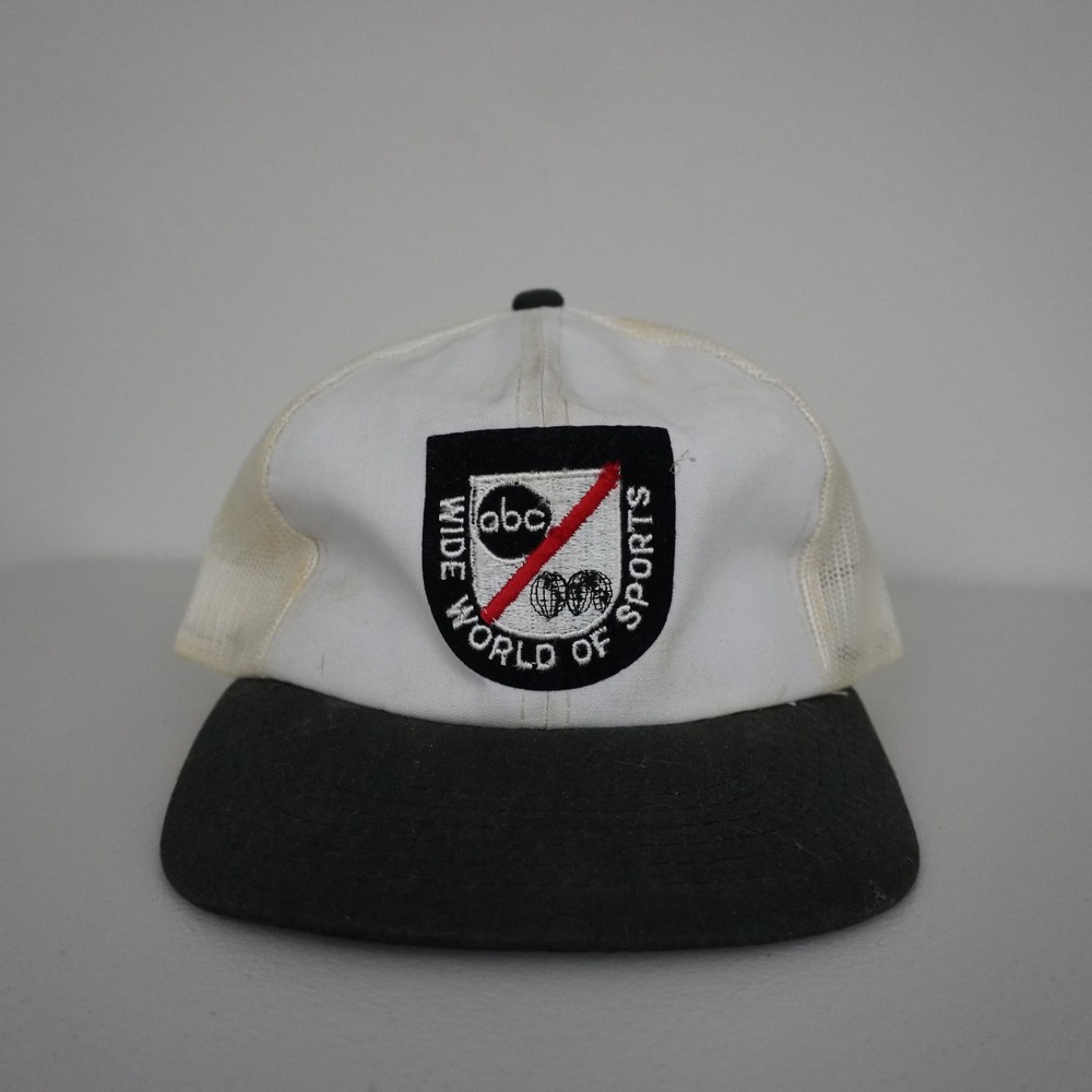 Vintage ABC Wide World of Sports Trucker Hat Unisex OSFA White Black Mesh Cap
